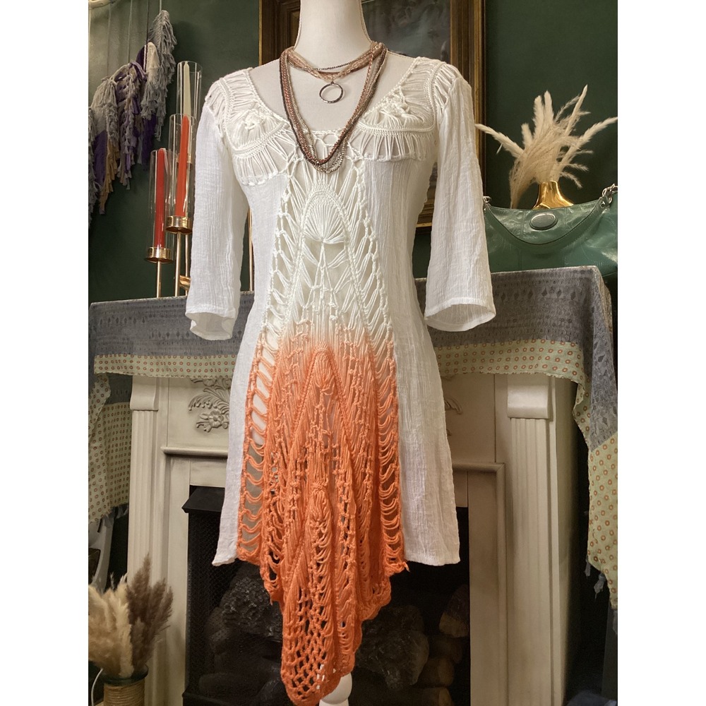 South Main Ombre Crochet Handkerchief Hem Tunic Top White Orange SM